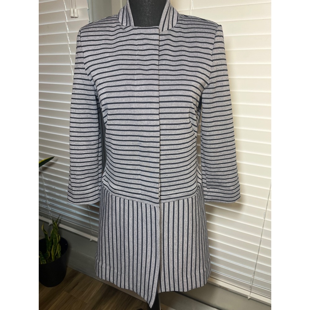 Cabi Gray Black Stripe Car‎ Coat Jacket Small Knit 3/4 Sleeve Button Front